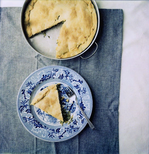 a piece of kohlrabi and greens pie