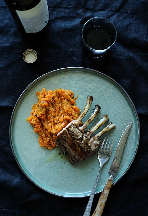 carrot and dill mash with a rack of lamb