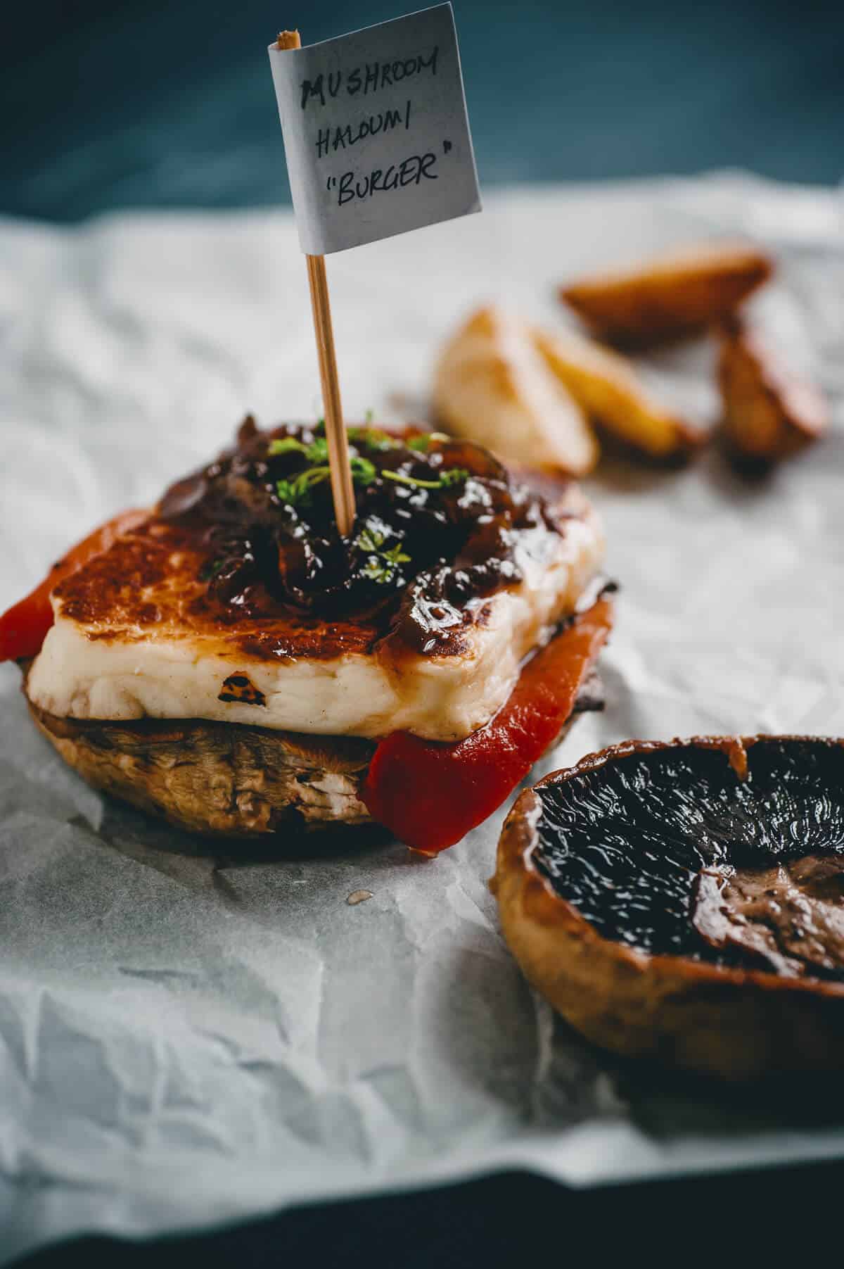 relish served on top od grilled soft cheese on a mushroom