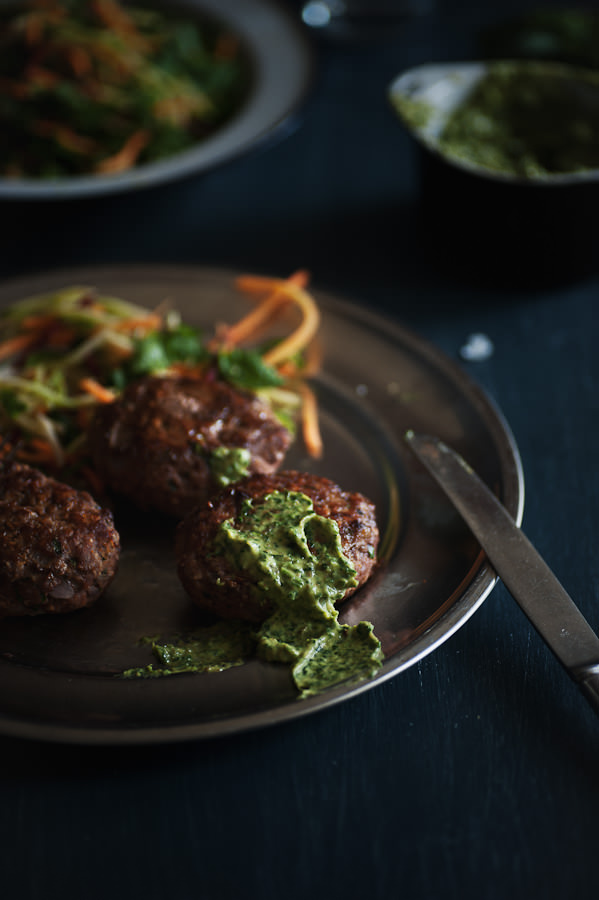 Greek biftekia served with salsa verde