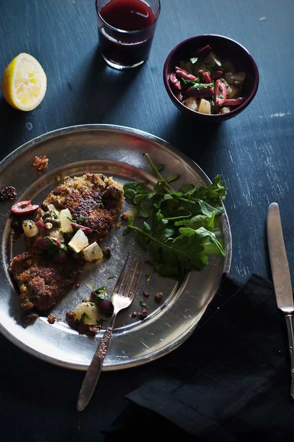 veal schnitzel served with a kalamata olive and lemon salsa