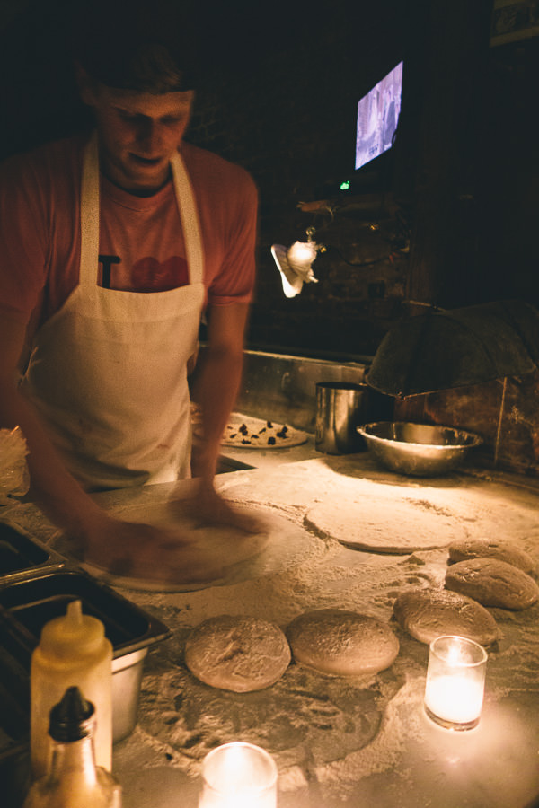 pizza making at Paulie Gees pizza Brooklyn New York