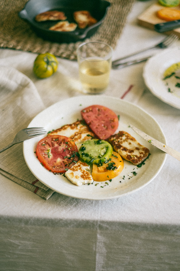 heirloom tomatoes and haloumi cheese
