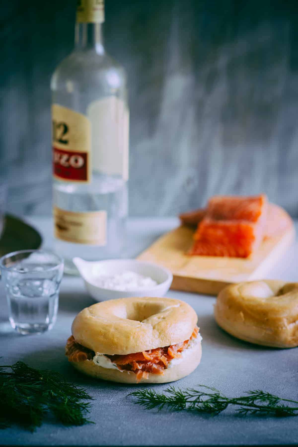 ouzo cured salmon with bagels