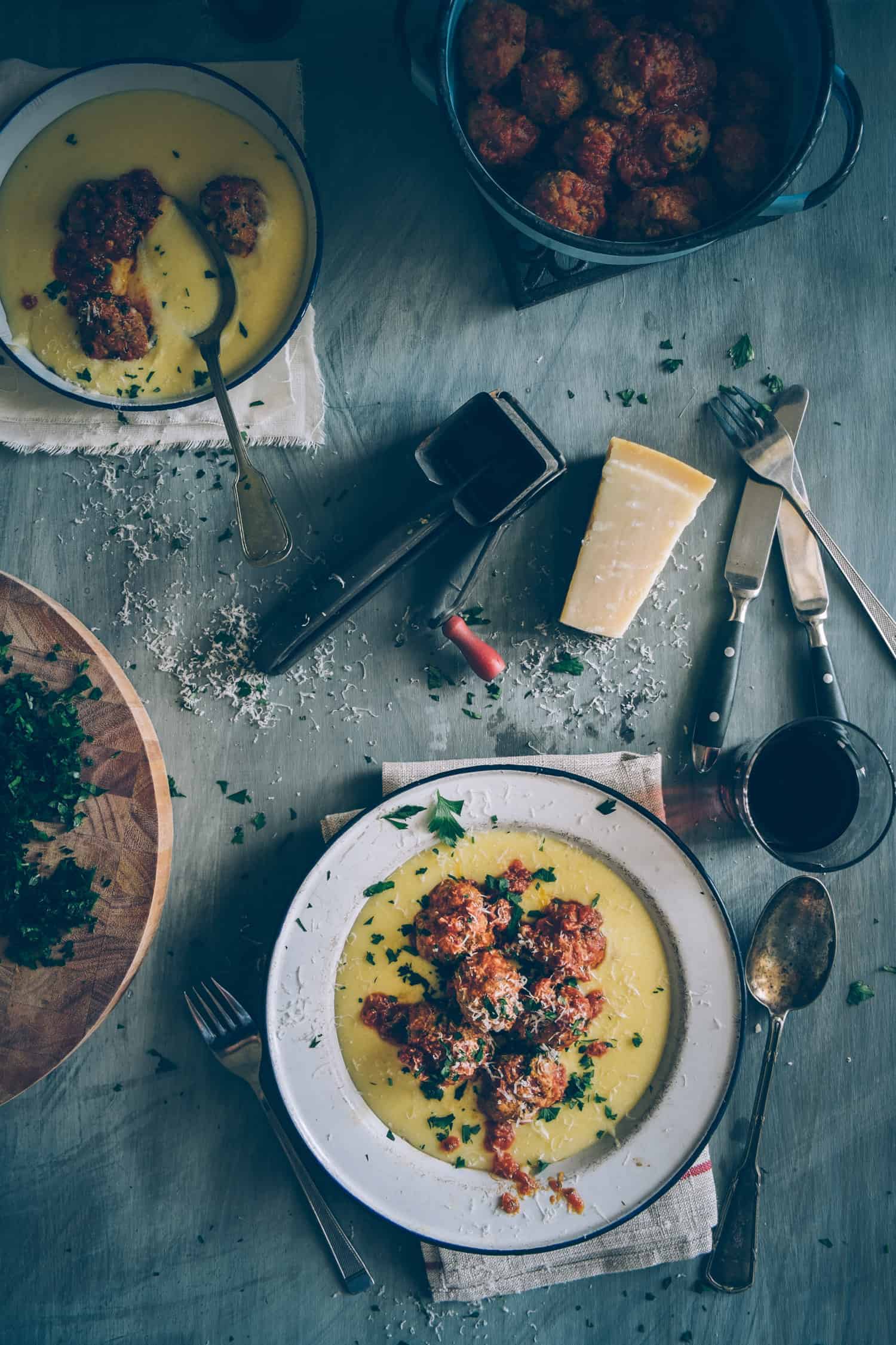 Italian meatballs with soft polenta