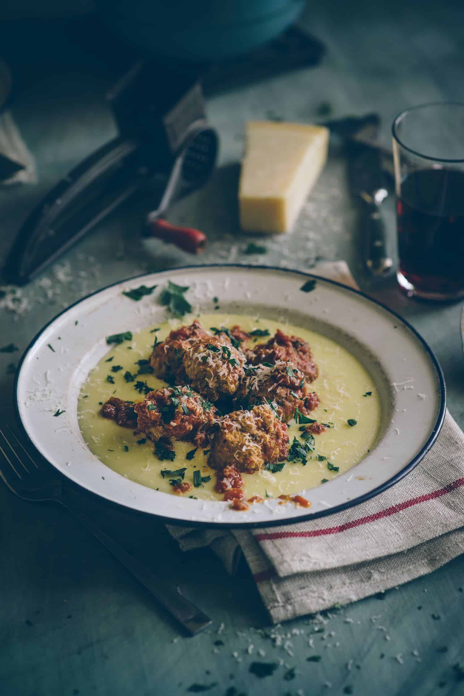 Italian meatballs with soft polenta