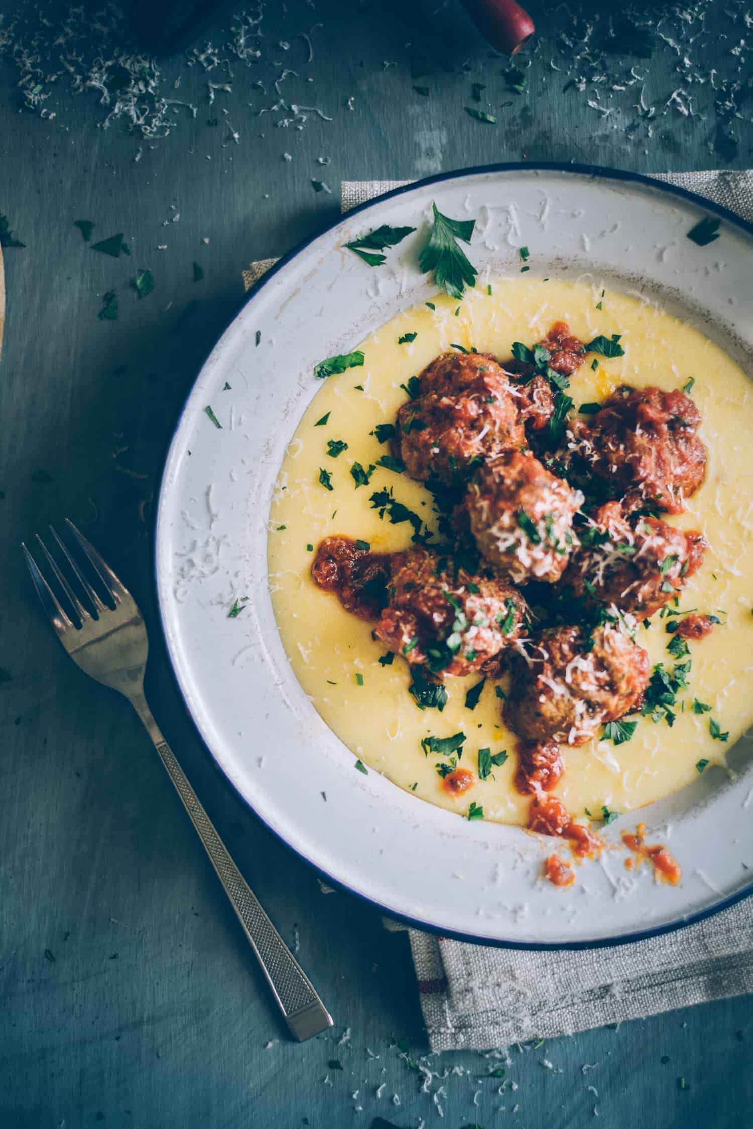 Italian meatballs with soft polenta