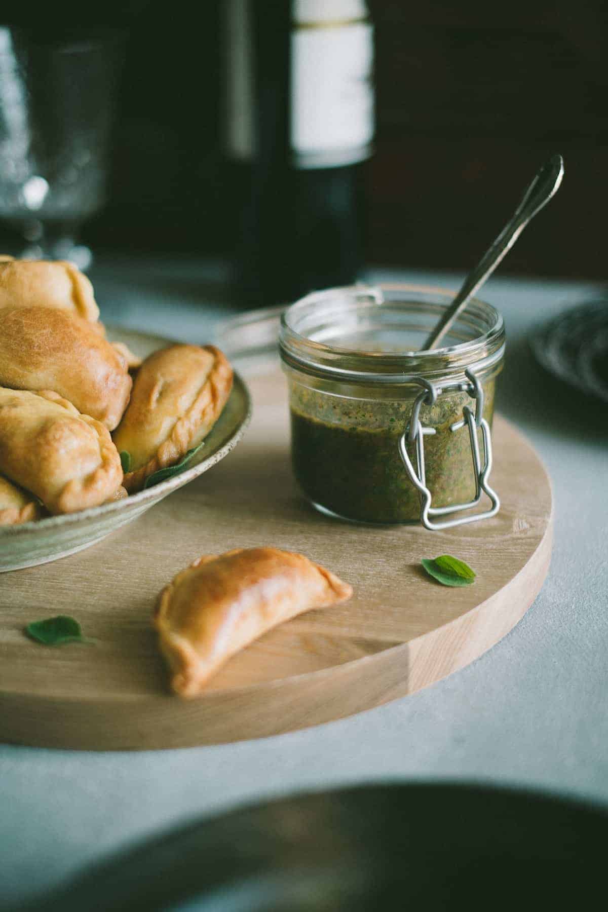 Lamb Empanadas with an oregano chimichurri dipping sauce