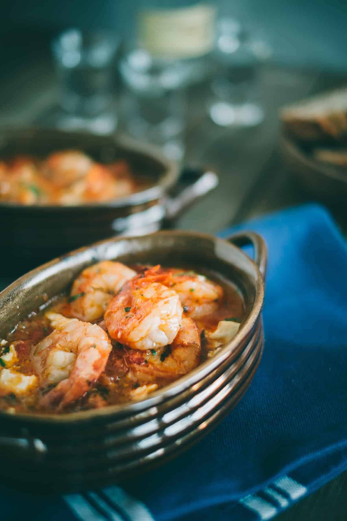 Prawn saganaki served in a claypot dish