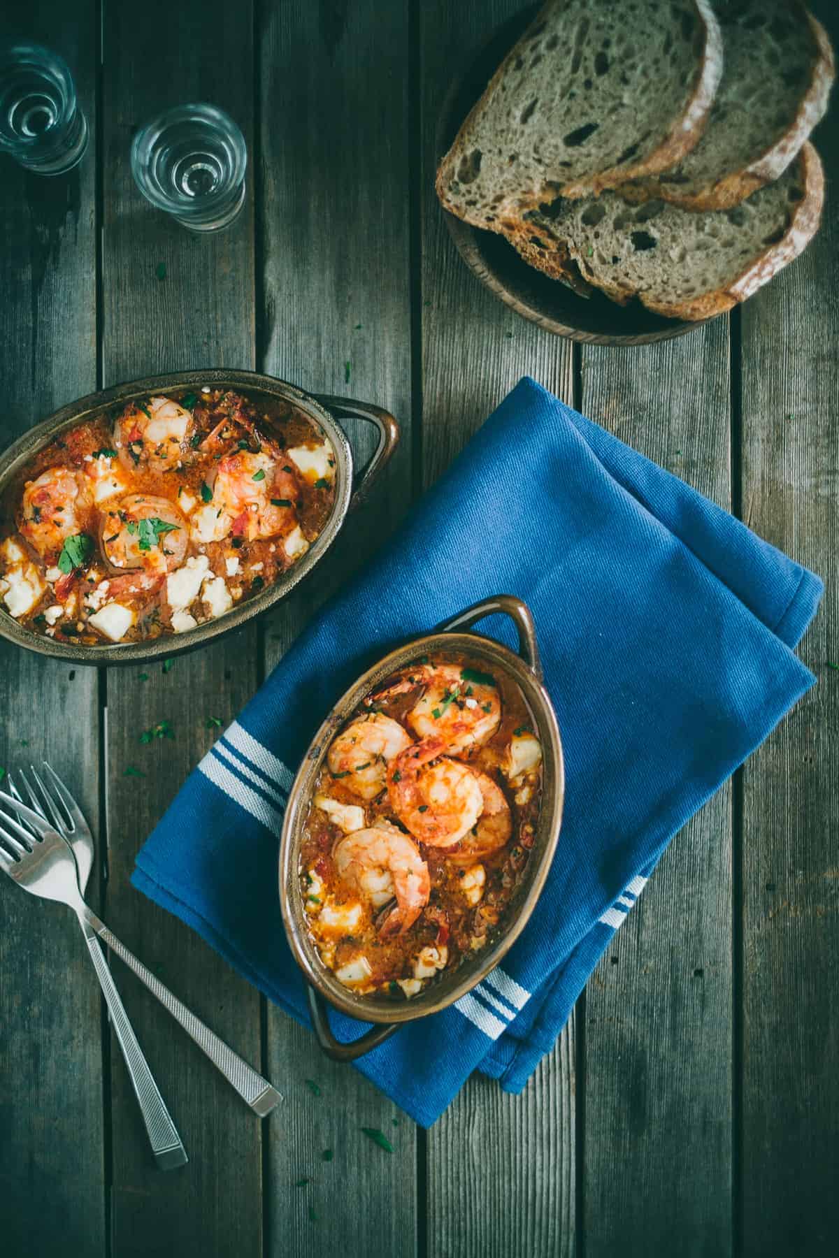 Prawn saganaki served in a claypot dish