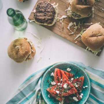 home made lamb burgers with a chargrilled watermelon salad