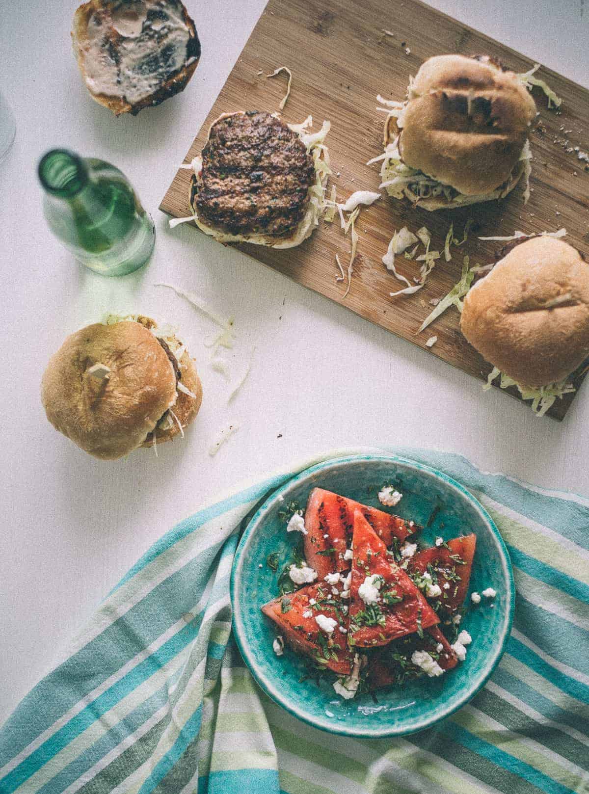 home made lamb burgers with a chargrilled watermelon salad