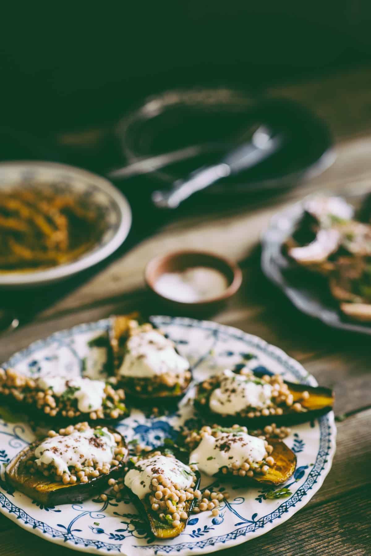 Israeli couscous stuffed eggplants