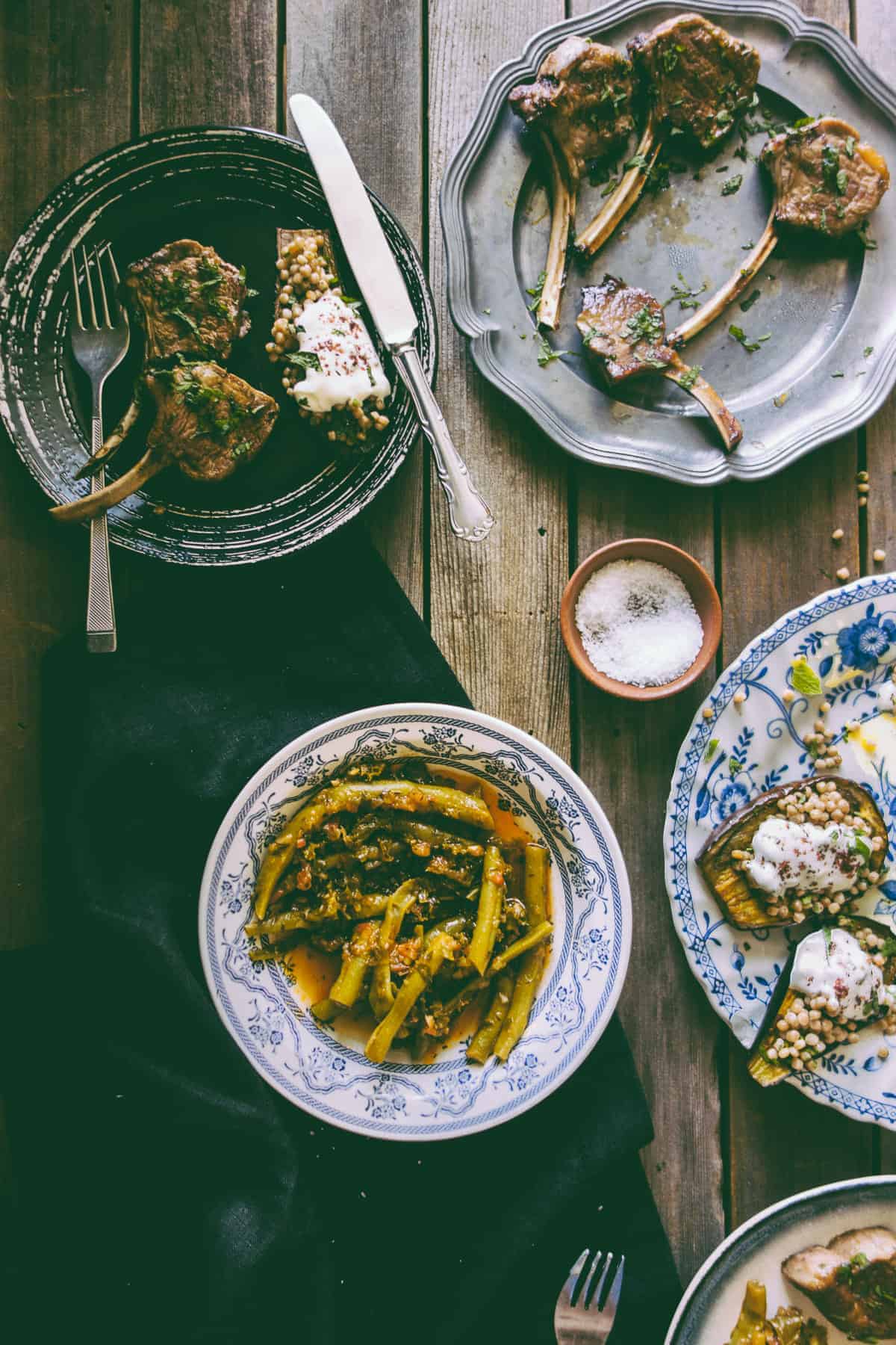 Middle Eastern style lamb cutlets with Israeli couscous stuffed eggplants