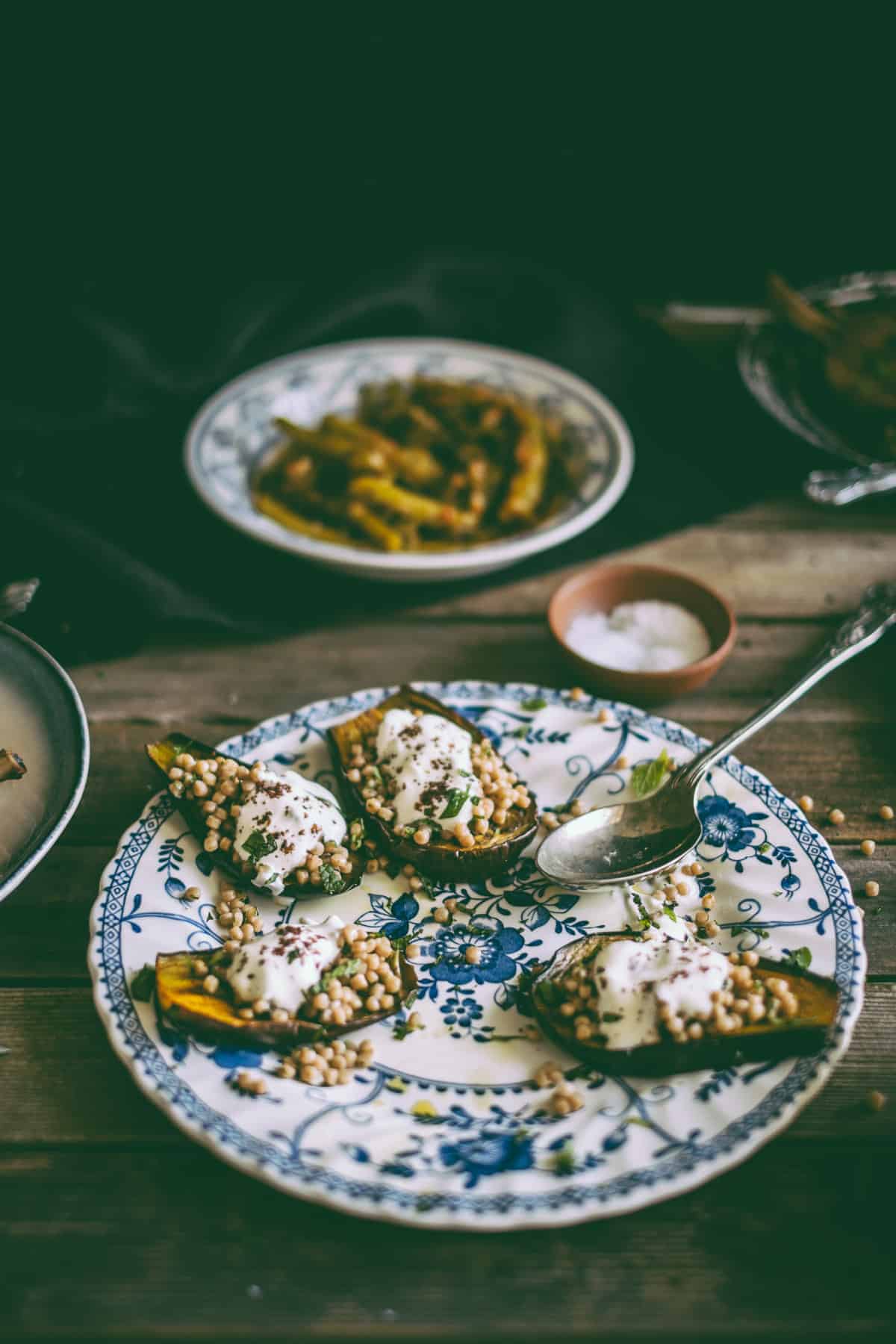 Israeli couscous stuffed eggplants