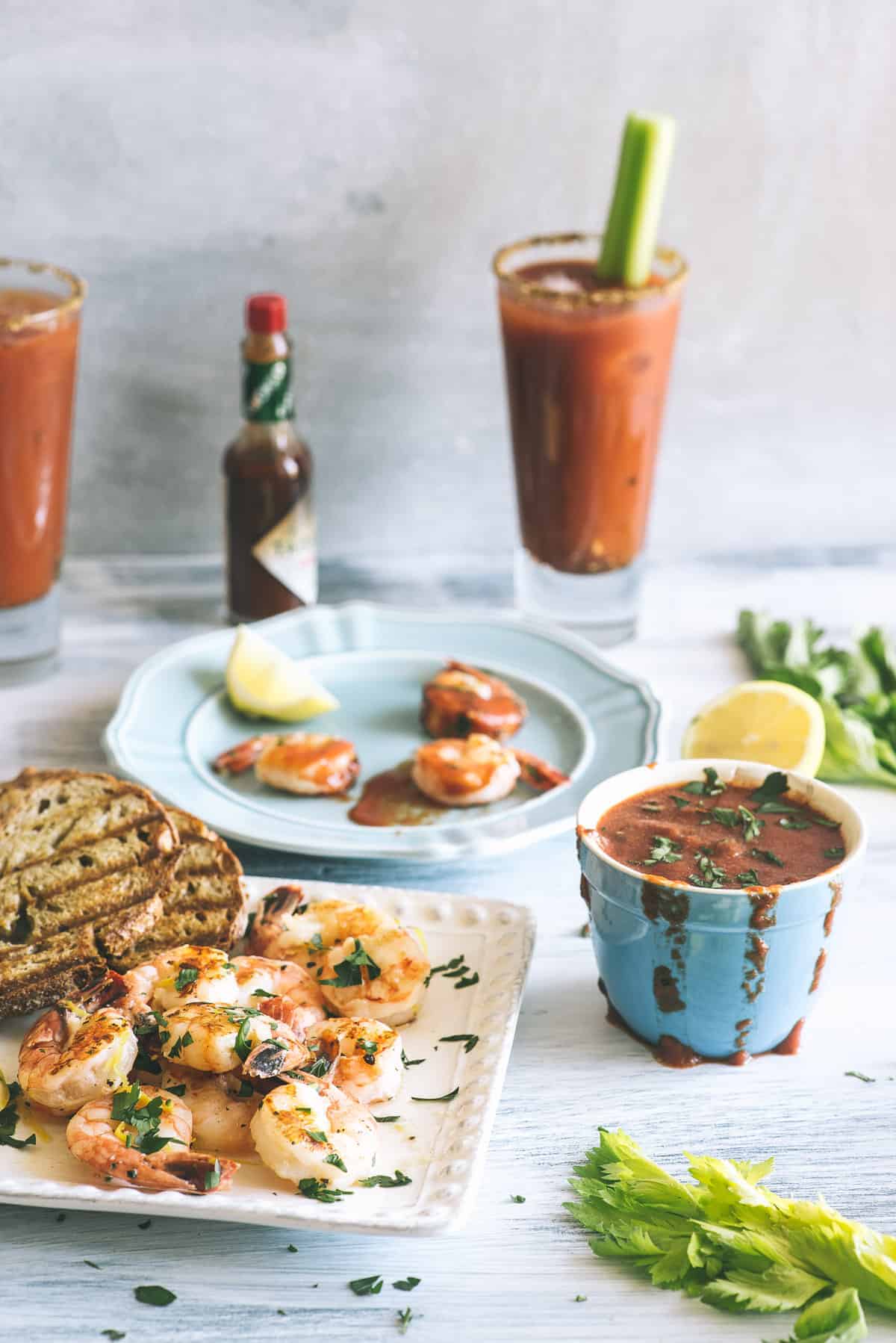 barbecued prawns with a Bloody Mary dipping sauce