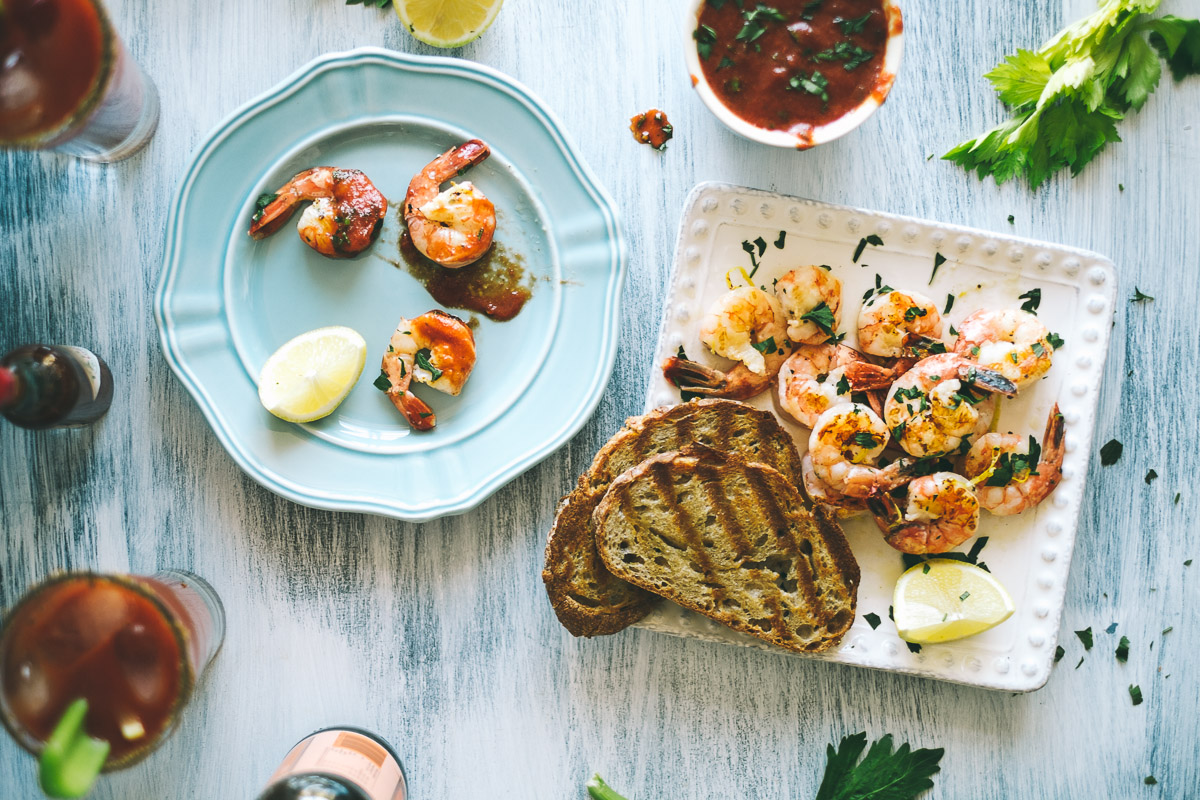 barbecued prawns with a Bloody Mary dipping sauce served tapas style