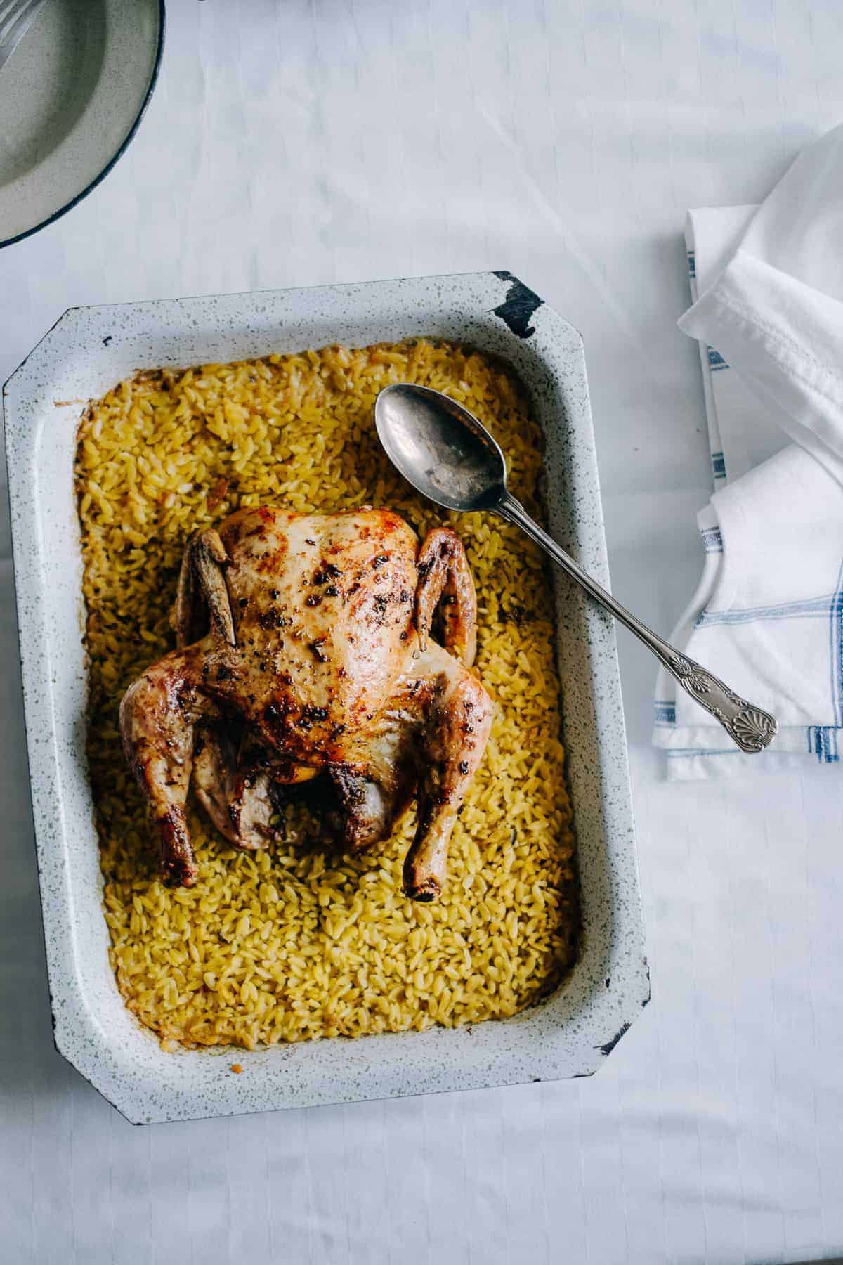 Greek style roast chicken with orzo