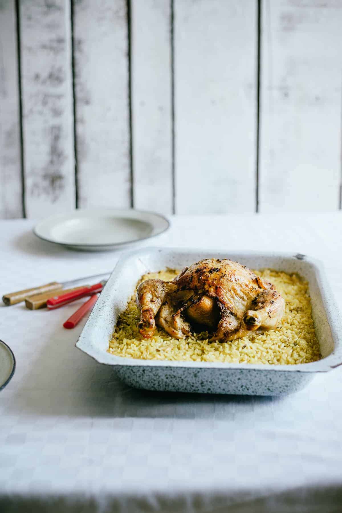 Greek style roast chicken with orzo