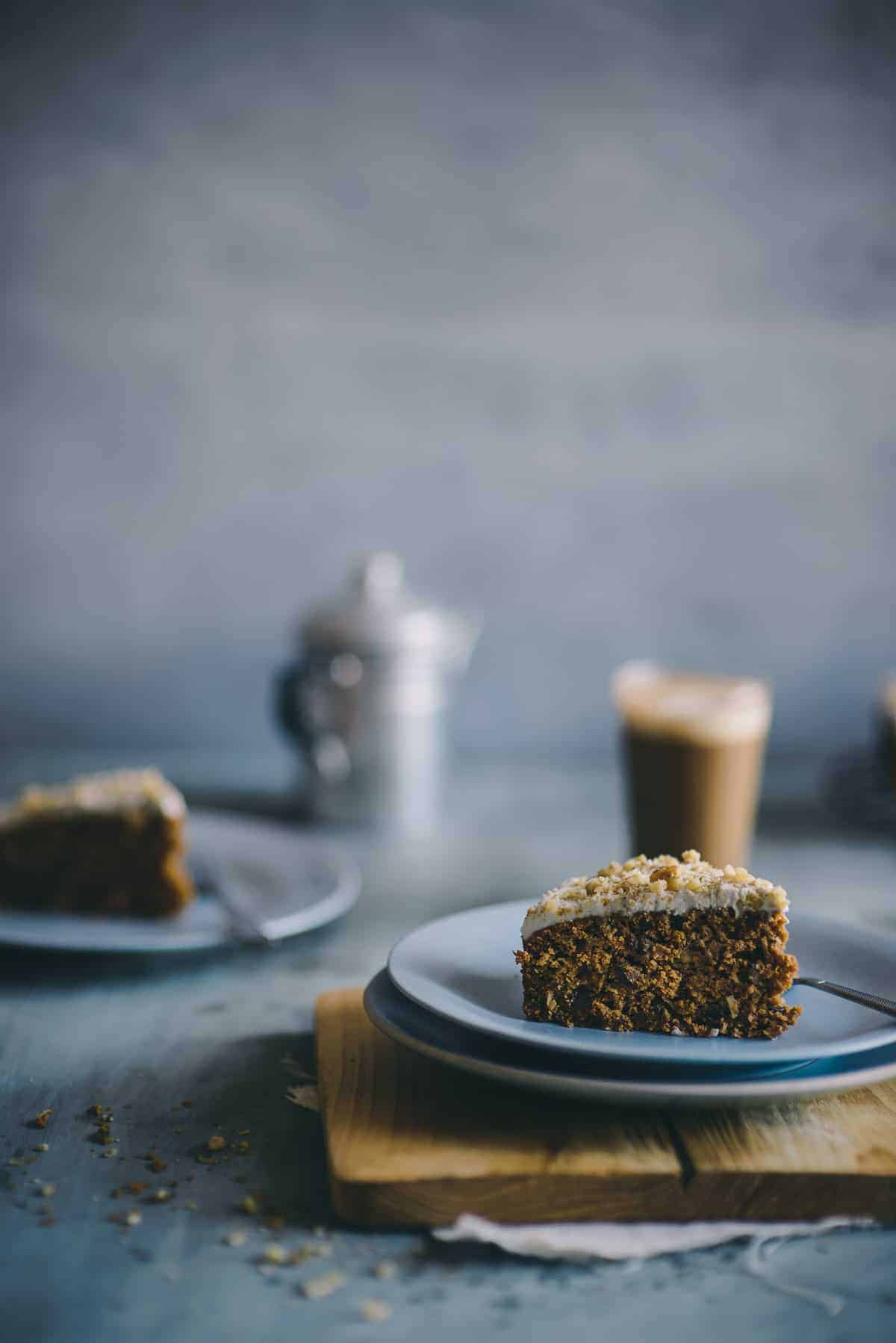 a slice of carrot cake made with spelt flour