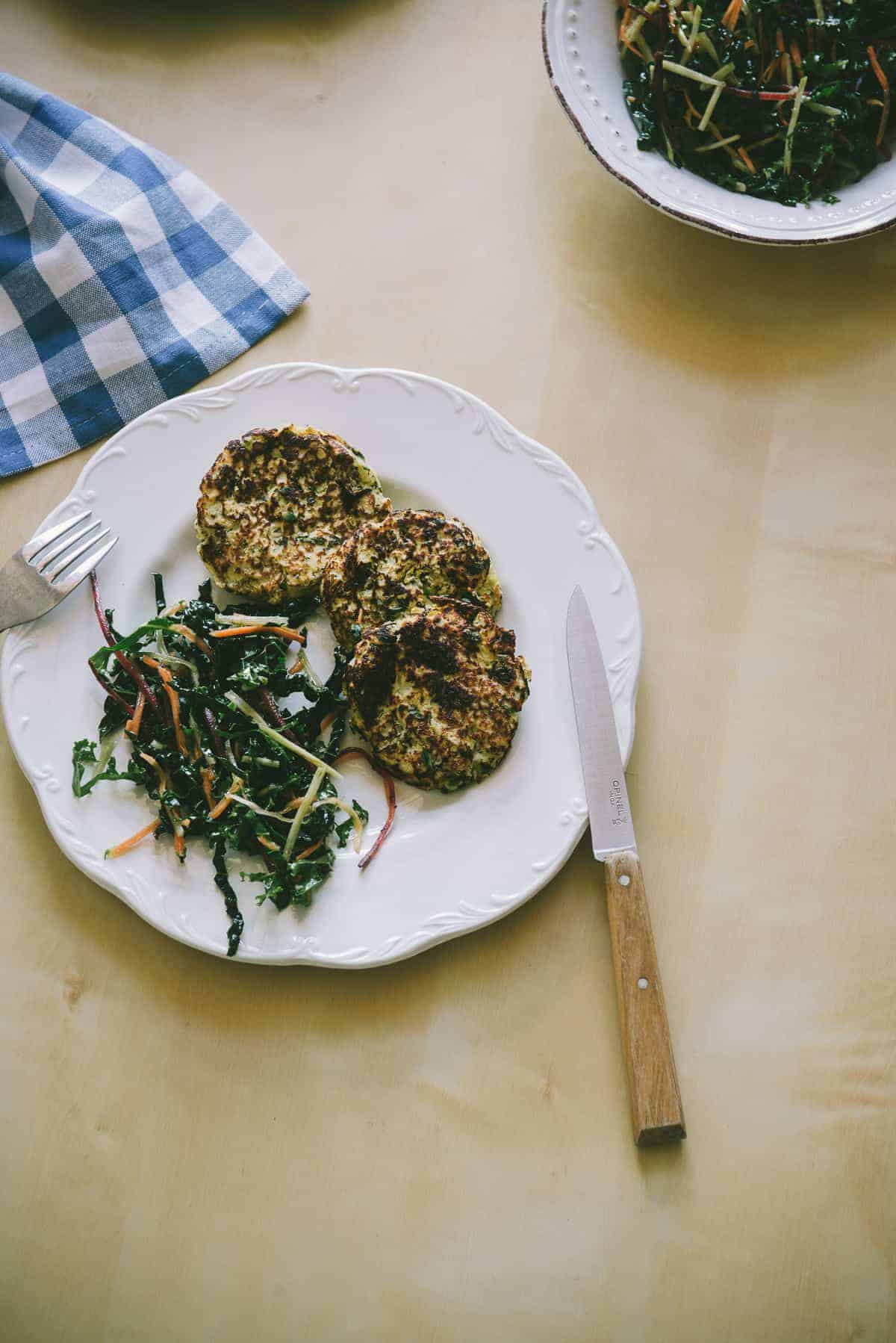 serving cauliflower and feta fritters