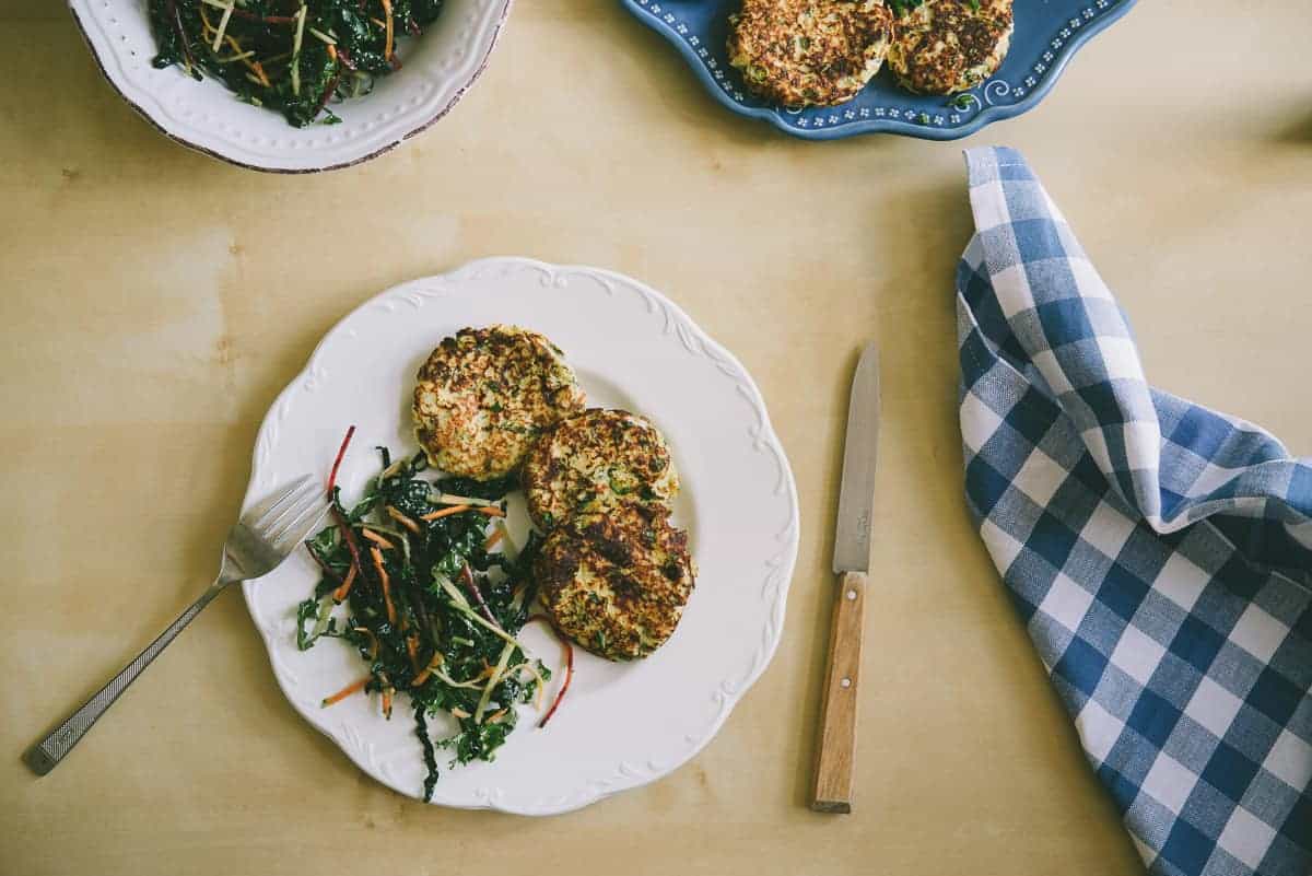 cauliflower and feta fritters with a kale salad