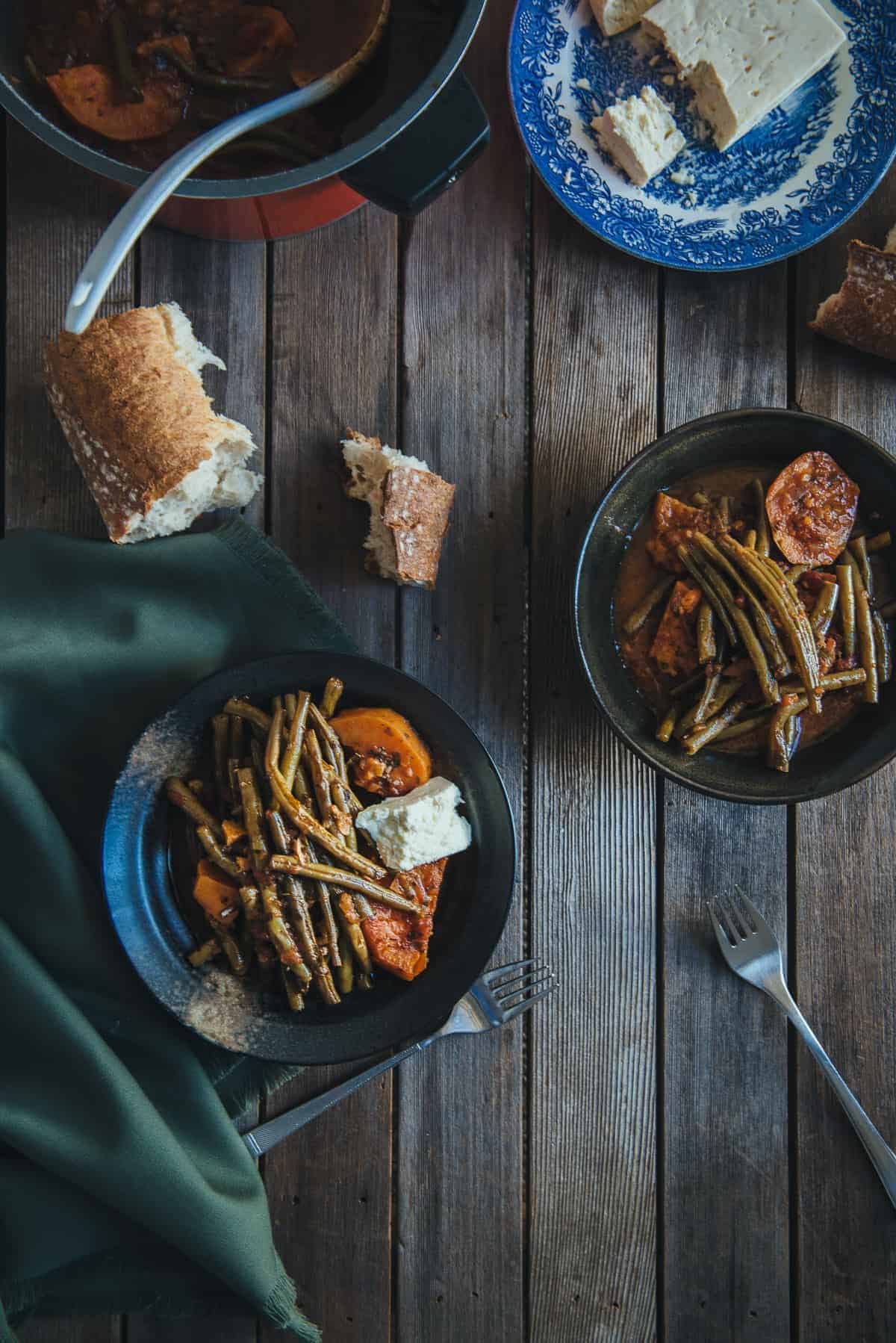 Greek fasolakia with feta cheese