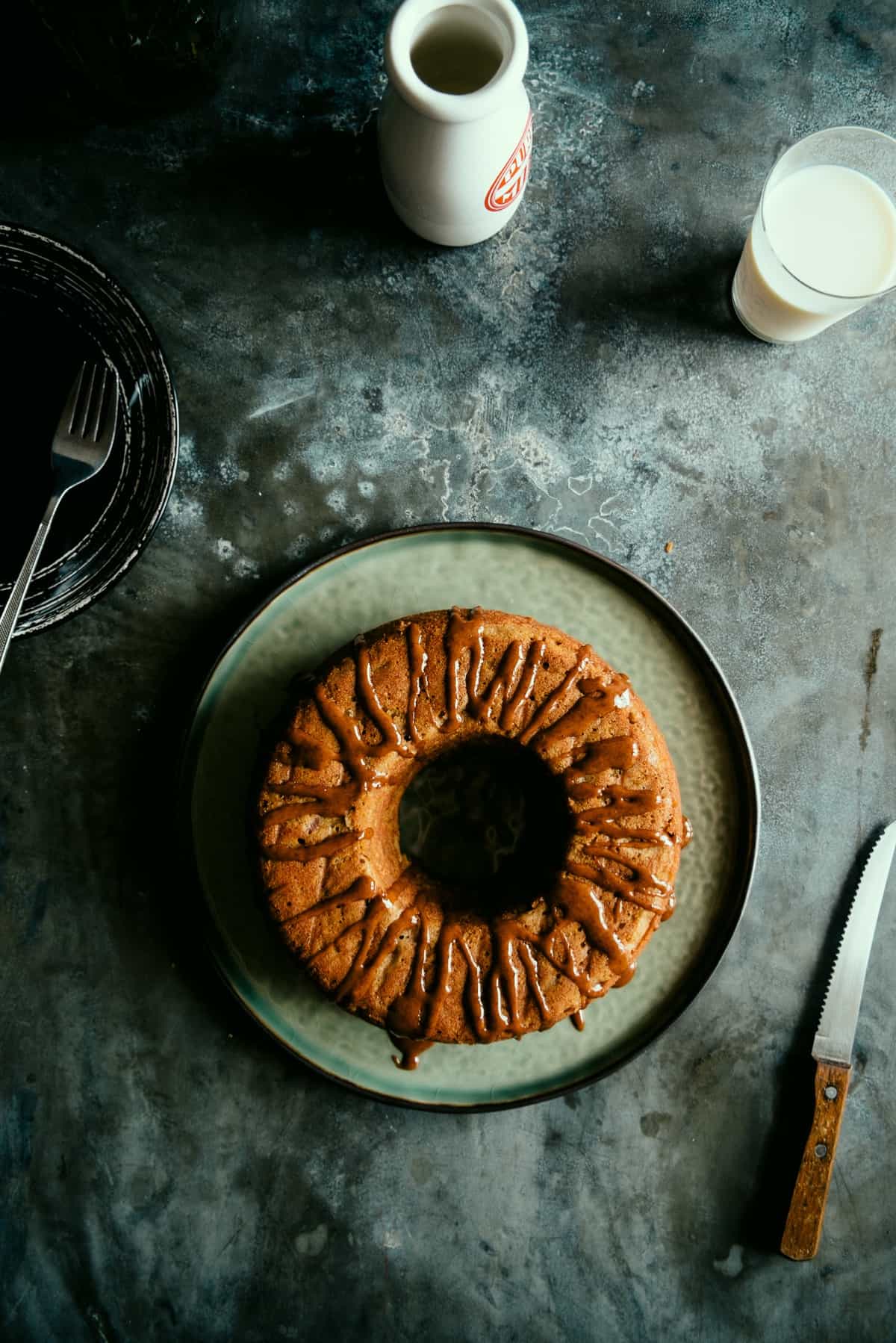 apple teacake made with spelt flour and a cinnamon glaze