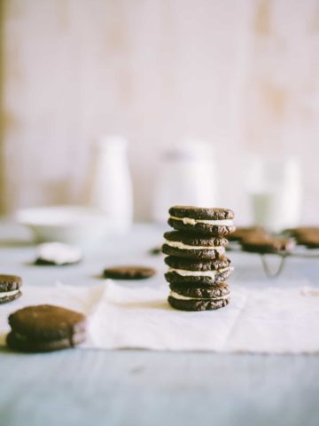 homemade Oreo cookies stacked on top of each other