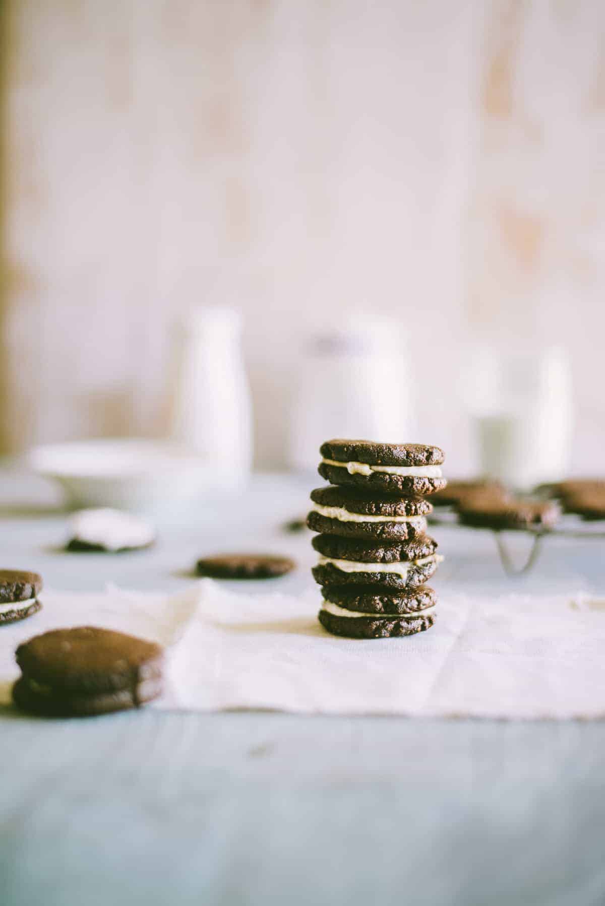 homemade Oreo cookies stacked on top of each other