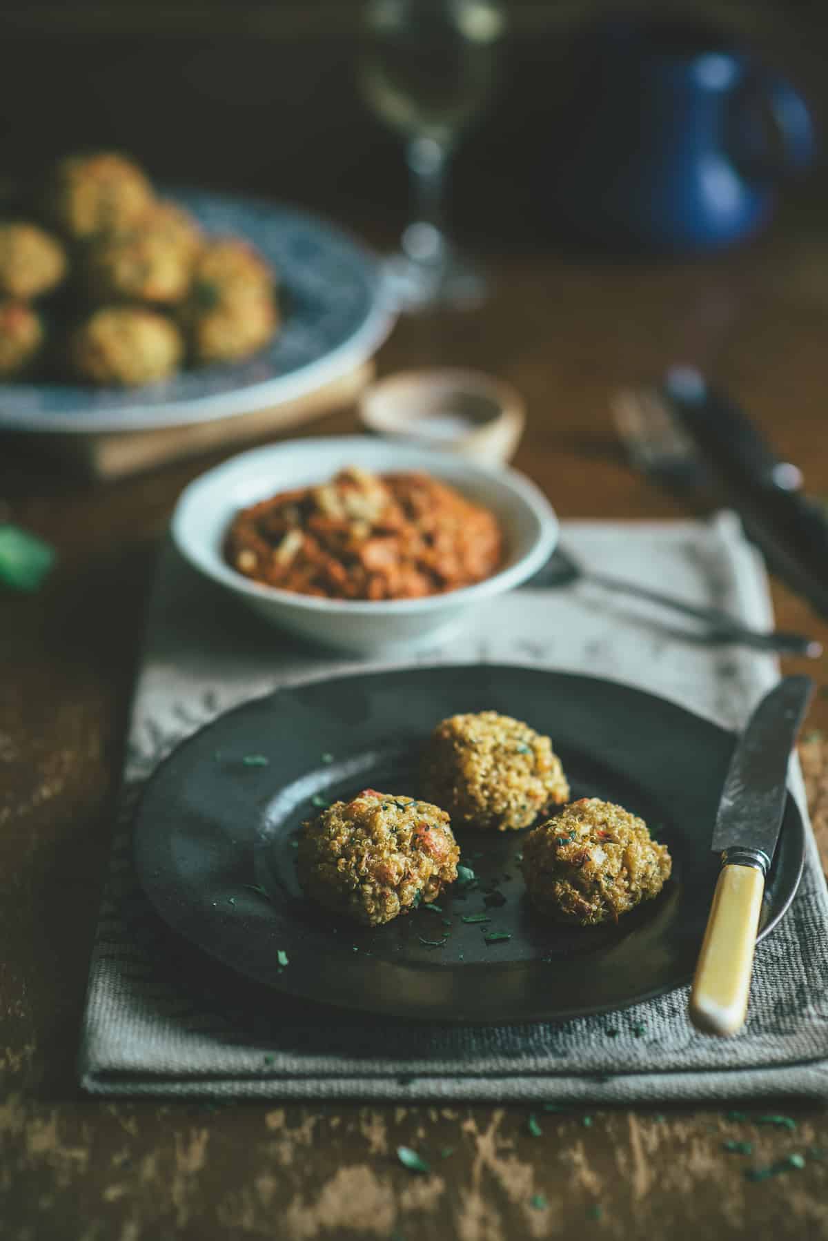 vegetarian meatballs on a black plate