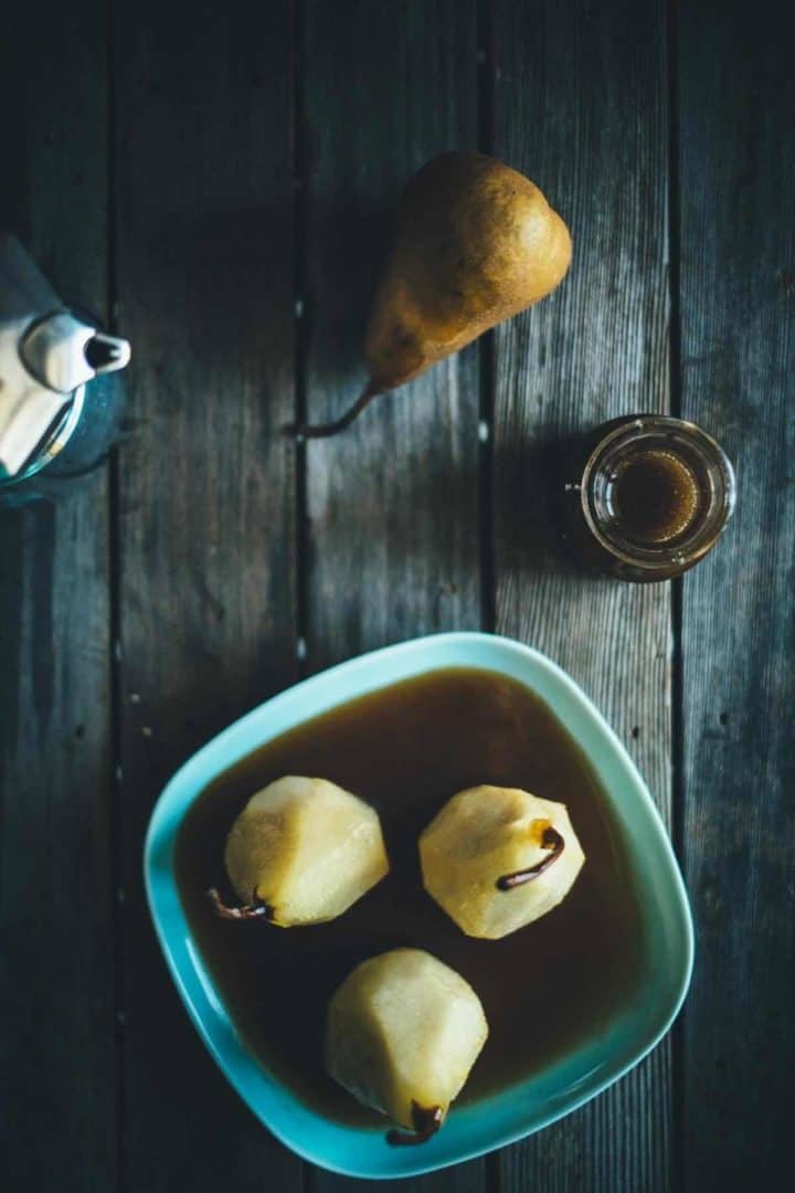 Poached Pears with Espresso Caramel Souvlaki For The Soul