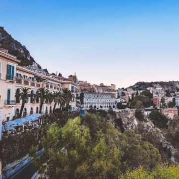 view of Taormina from clifftops Sicily