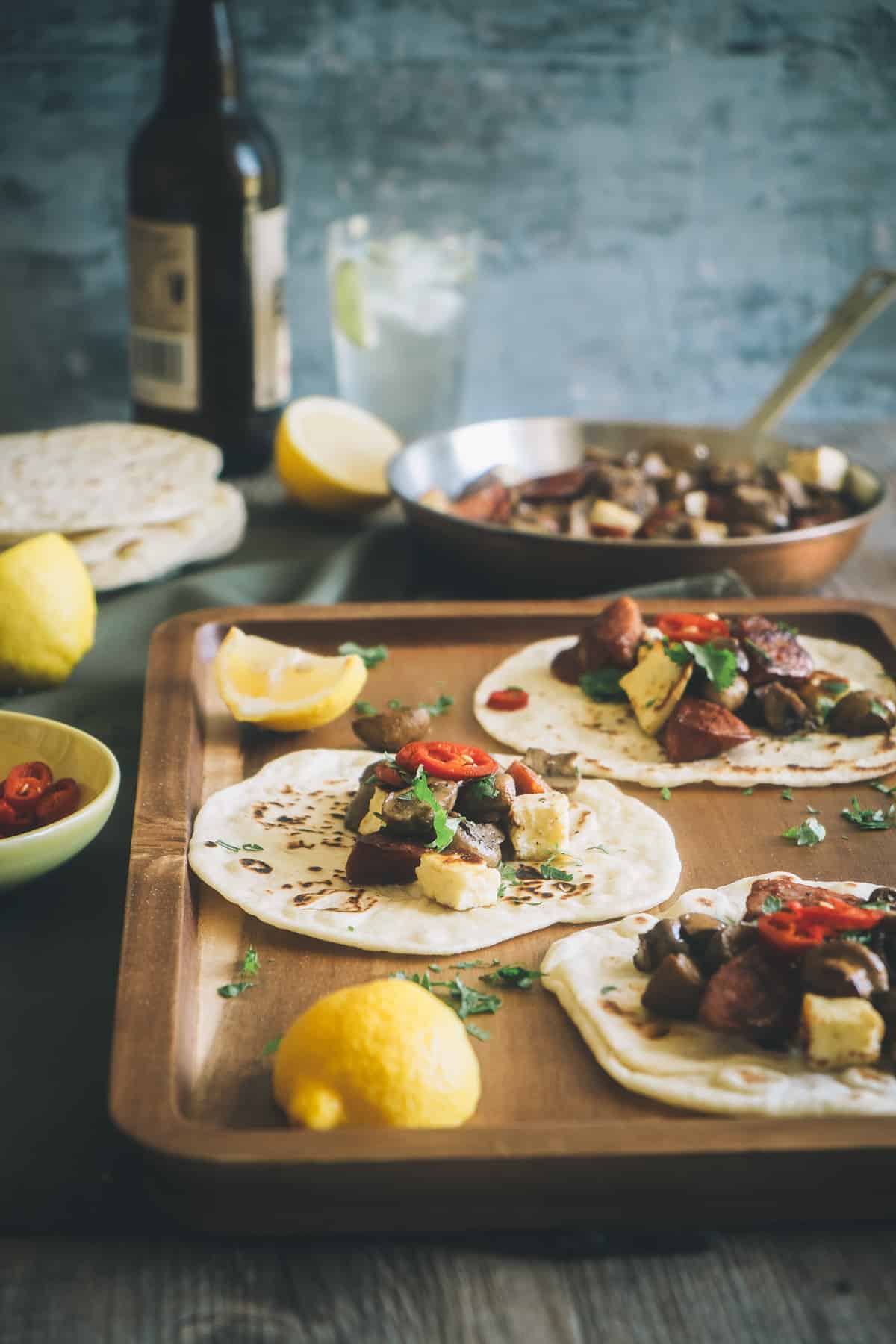 tacos made with mushroom chorizo and halloumi