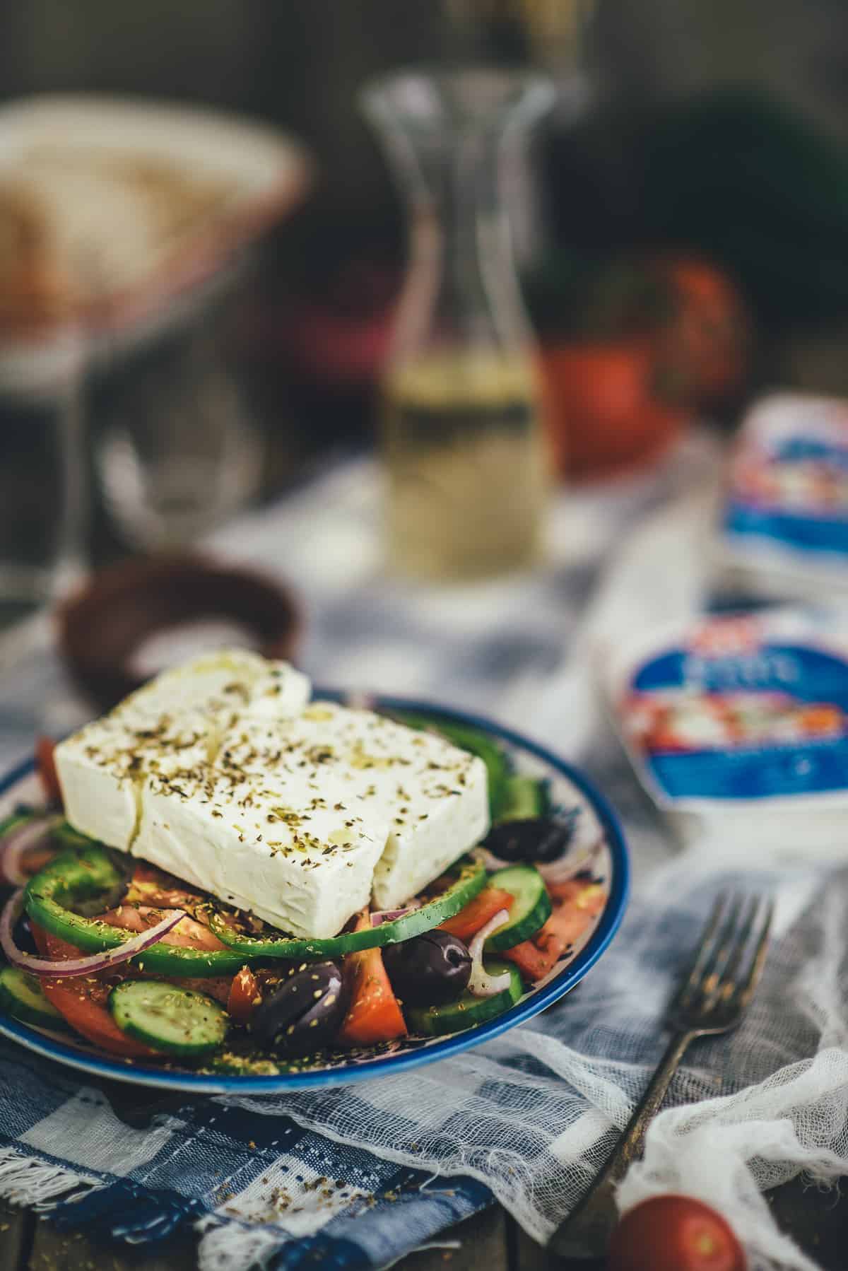 Greek salad served on a plate