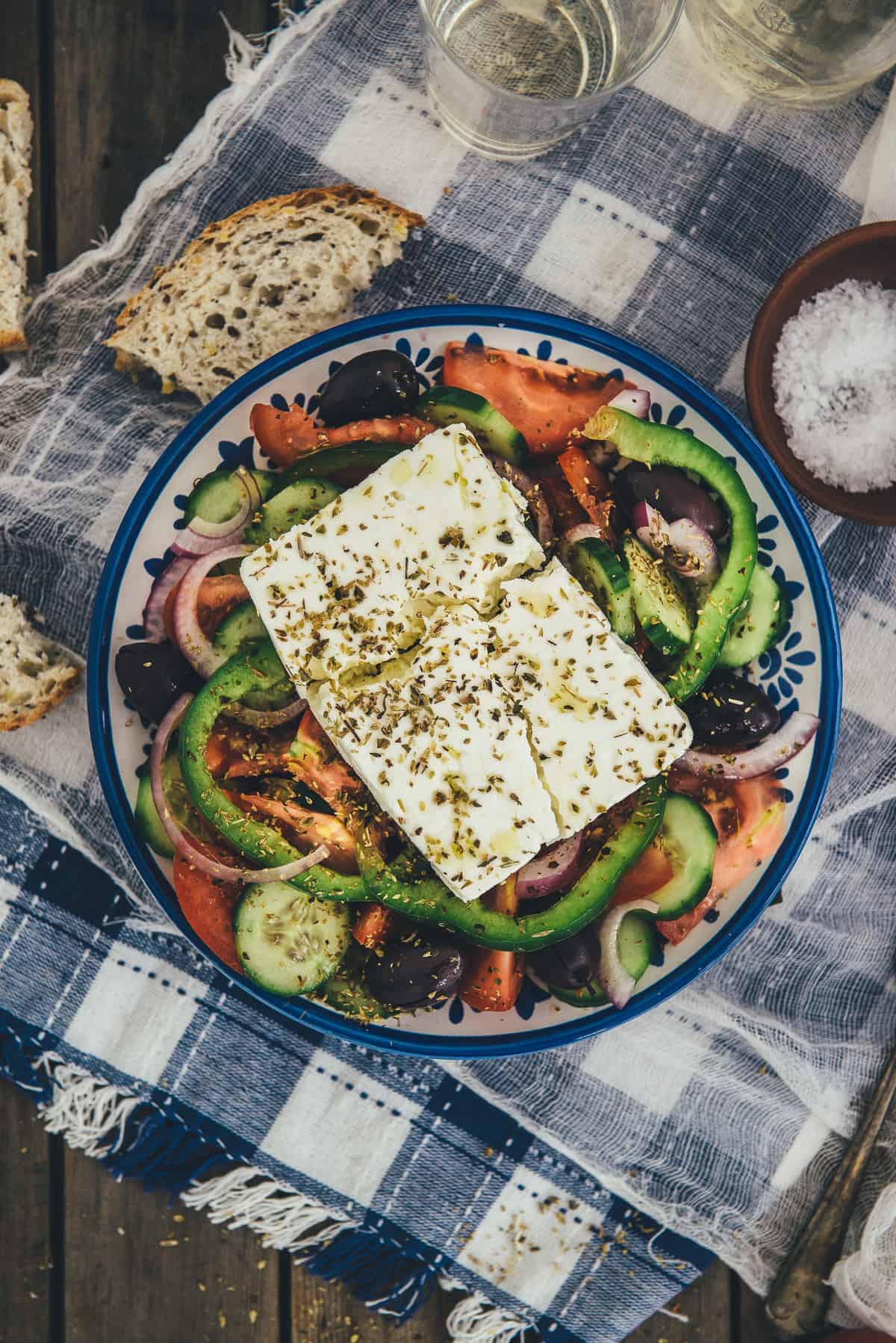 Greek salad served on a table