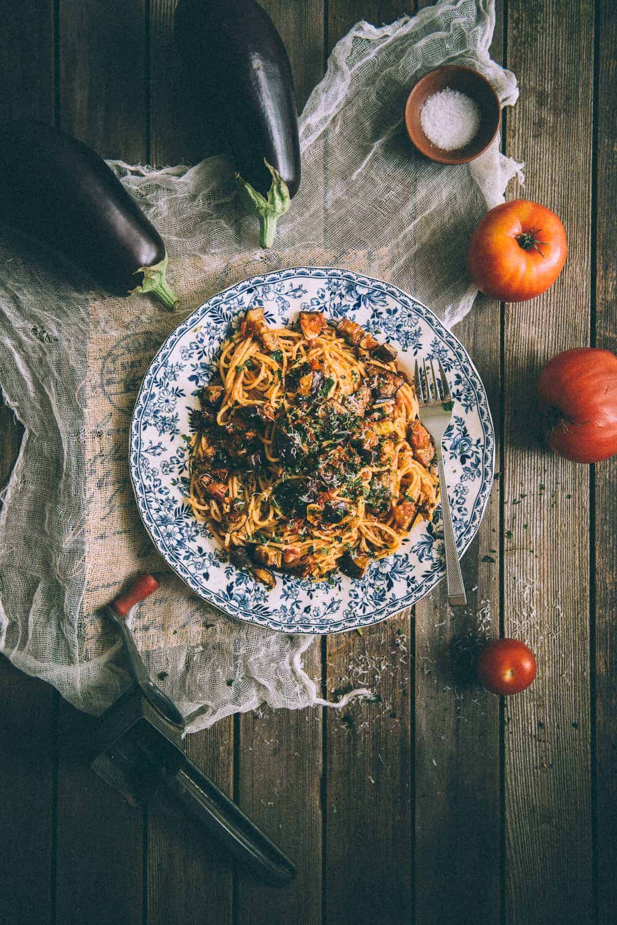 pasta all norma made with eggplants and tomatoes served on a plate