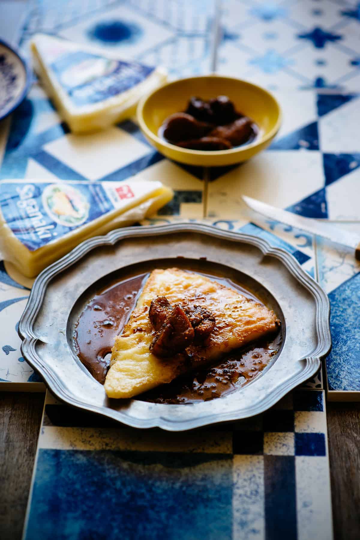 fried Greek saganaki cheese with figs and balsamic