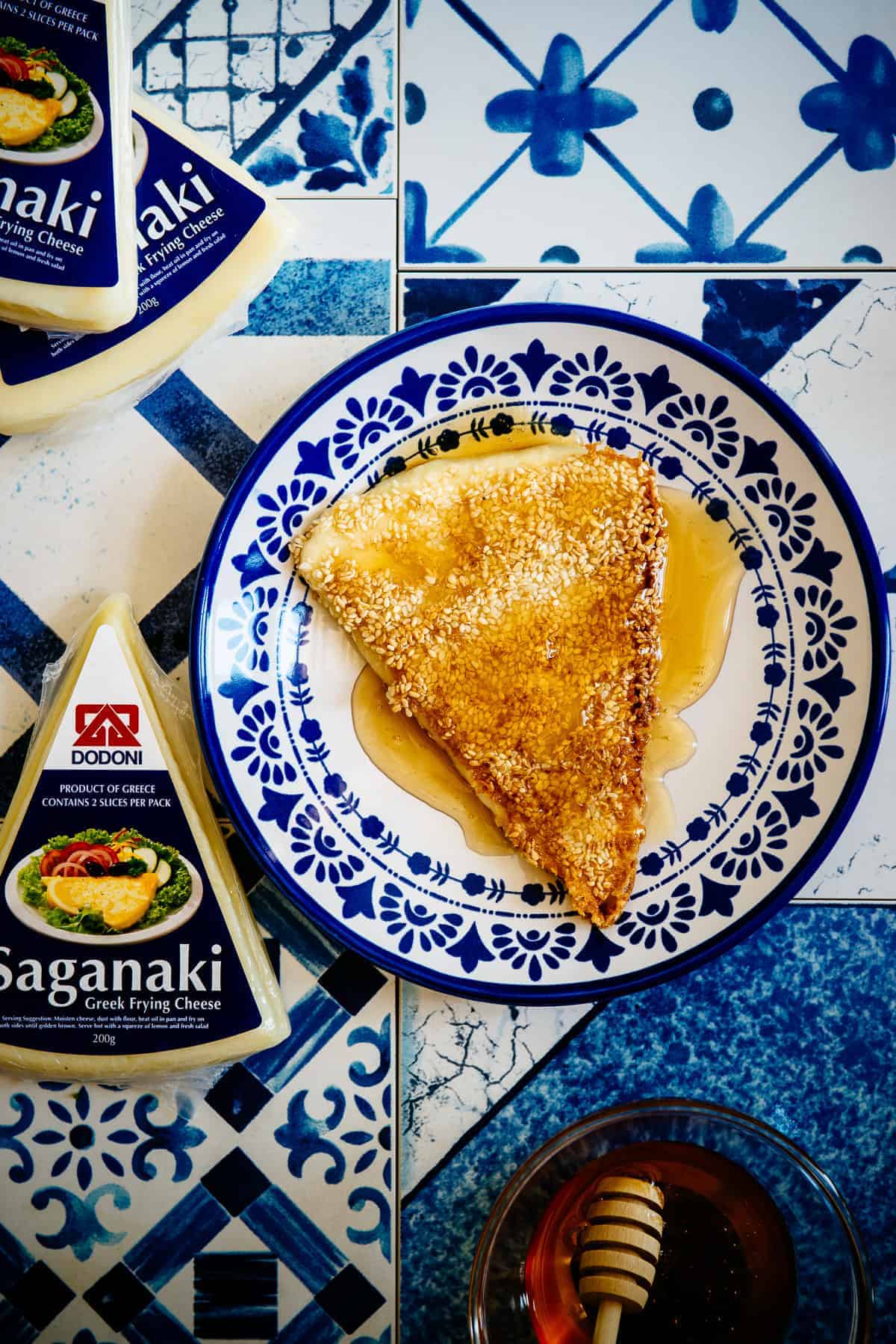 fried greek cheese with honey and sesame seeds