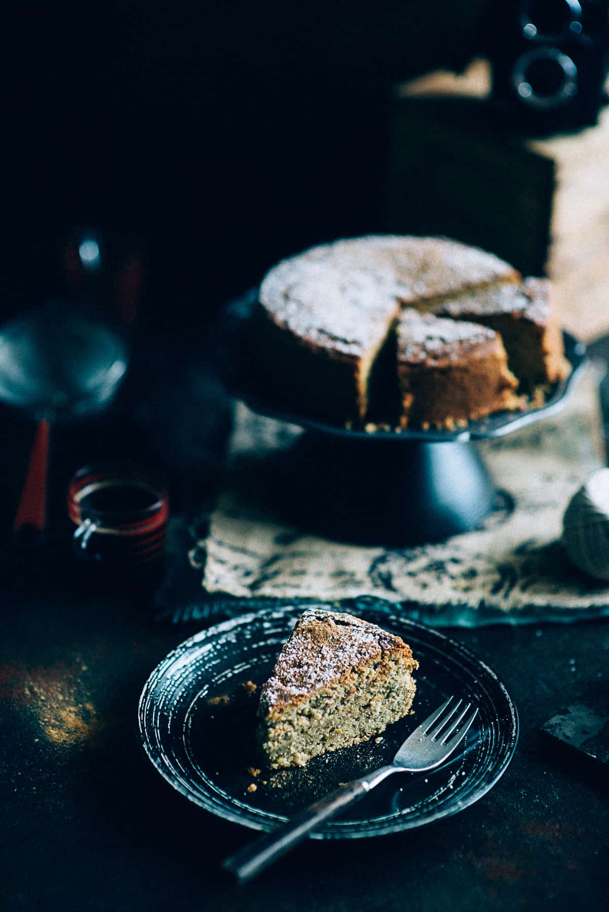 a slice of tahini cake served on a plate