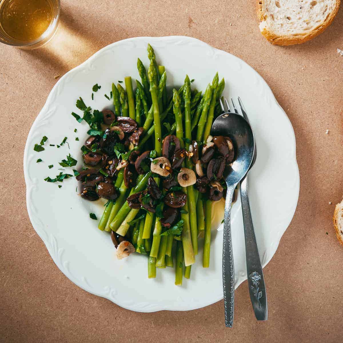 Asparagus with a Fried Kalamata Olive Salsa Souvlaki For The Soul