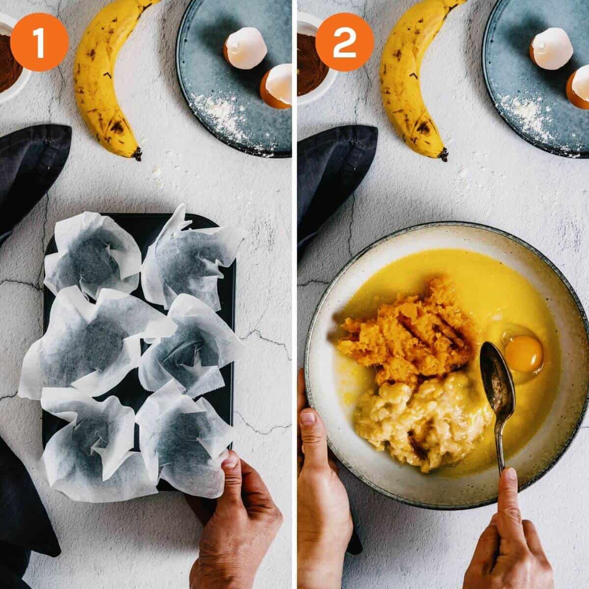 steps 1 and 2 of making pumpkin banana muffins recipe - lining muffin tin and mixing wet ingredients.