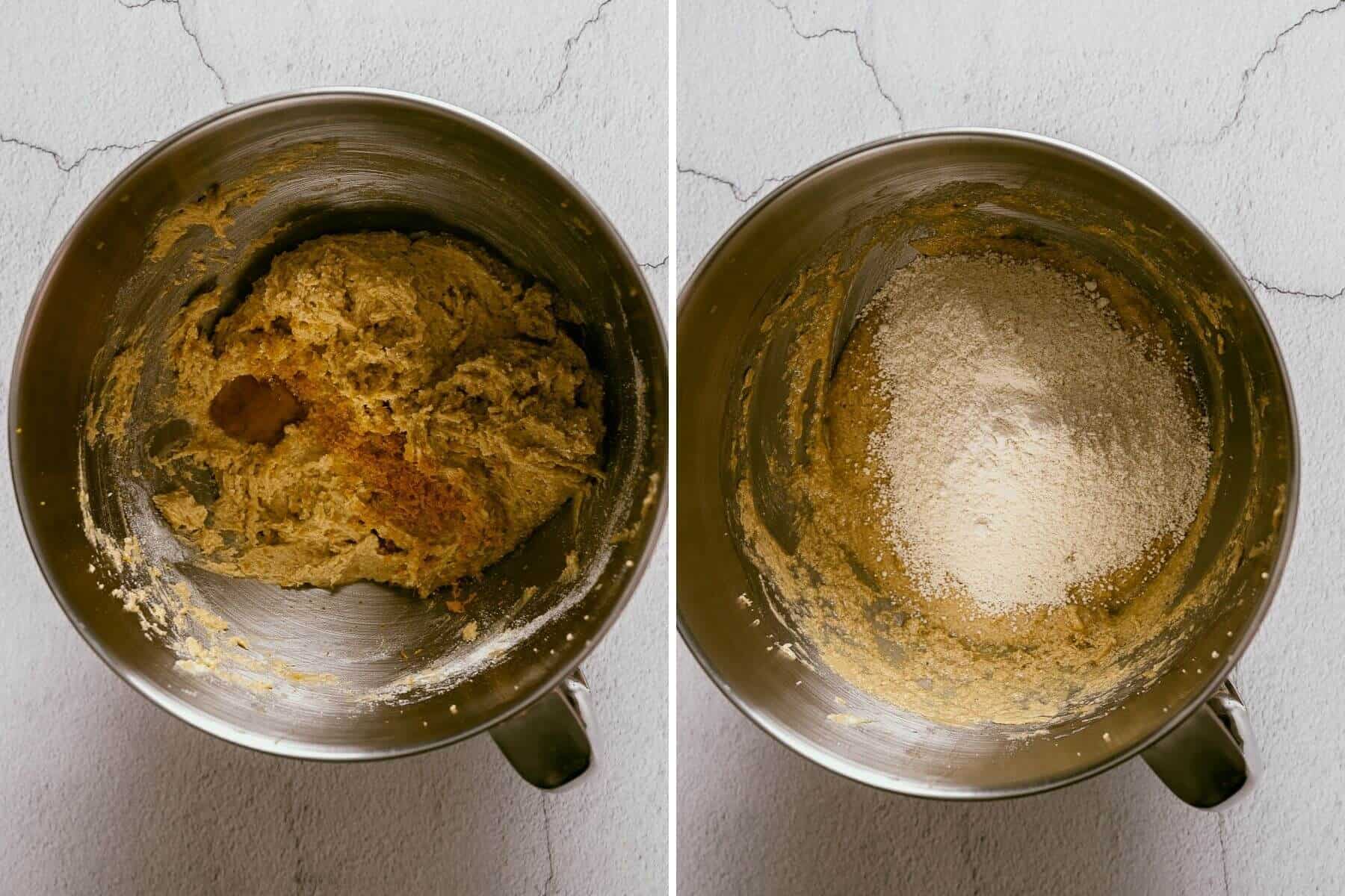 two side by side images of cake batter with zest and flour.