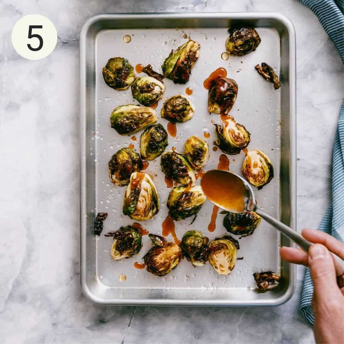 drizzling honey sriracha sauce on roasted brussel sprouts.