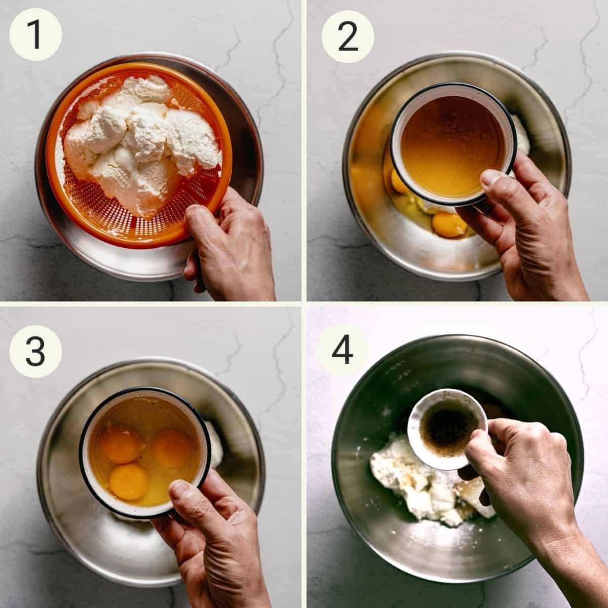 steps 1 -4 of making greek cheesecake (melopita): adding ricotta, honey, eggs and vanilla to mixing bowl.