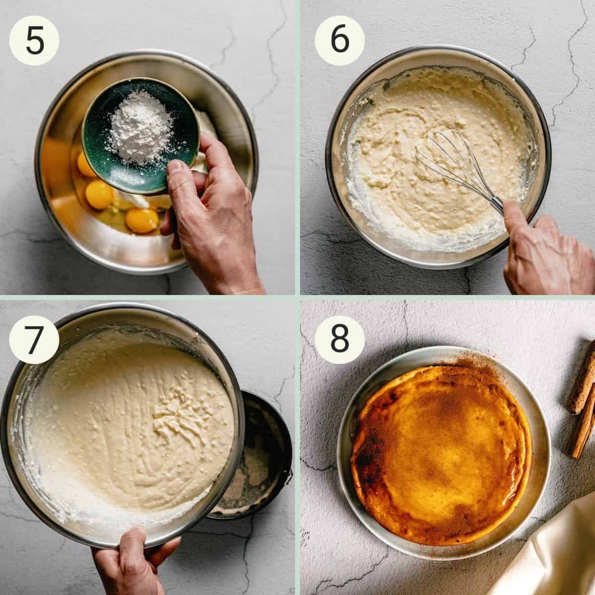 steps 5-8 of making melopita honey cheese pie: adding cornstarch to bowl, whisking the cheesecake mixture, pouring into a baking tin, and finishing with honey and cinnamon.
