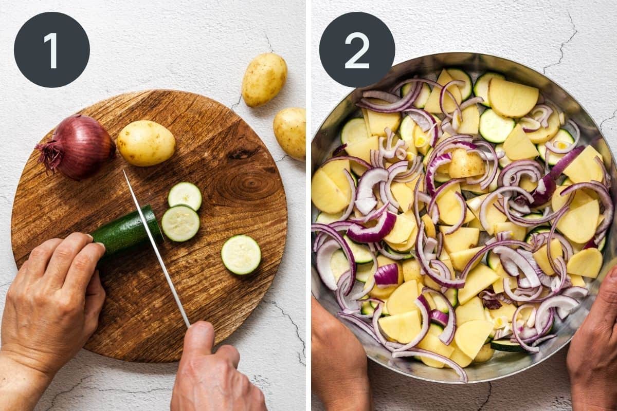 a collage of 2 images showing vegetables being chopped and placed in a baking dish.