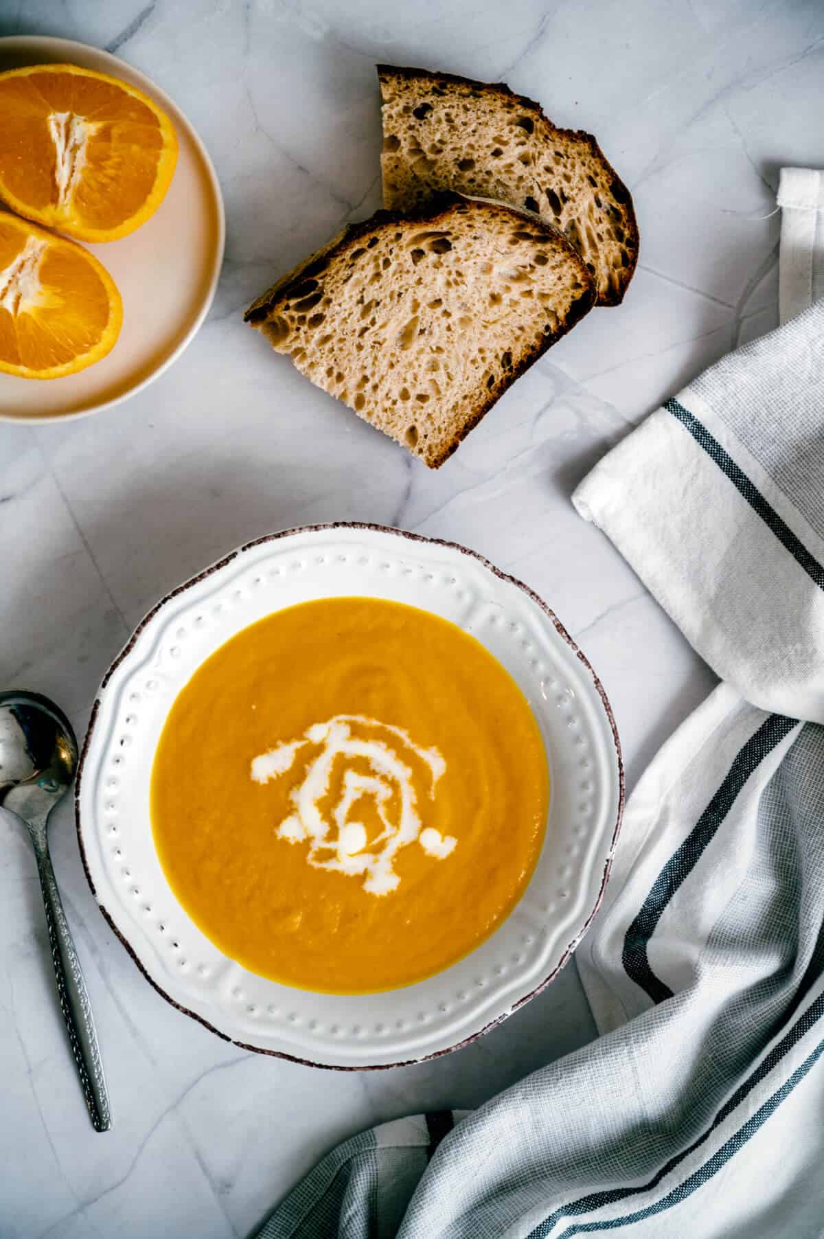 creamy orange and carrot soup with spelt toast.