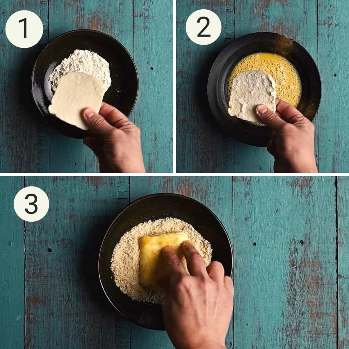 a collage of 3 images showing how to prepare halloumi for frying.