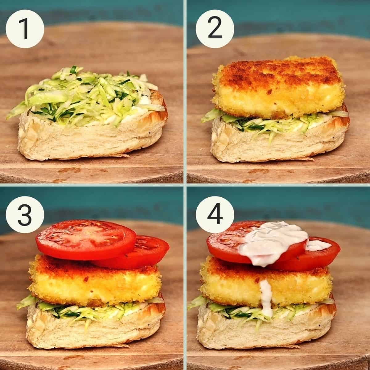 a collage of 4 images showing how to make halloumi burgers.